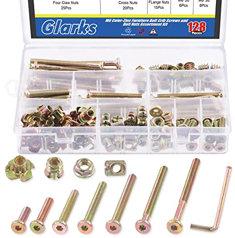 Glarks Kit Vis M6 à Tête Hexagonale pour Lit de Bébé avec Écrous à Tête Cylindrique et en T, Clé Hexagonale - pour Bois, Supports d'Escalade, Armoires, Meubles