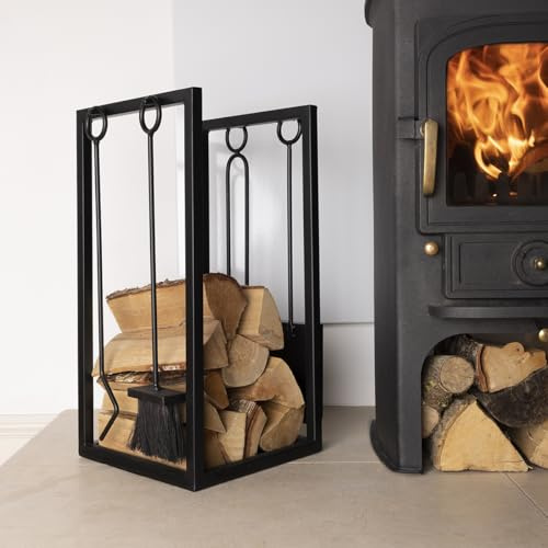 CHARLES BENTLEY Range-bûches Snug Hornbeam avec Ensemble cheminée, Support Fer Noir Mat, Pince, Balai, Pelle, tisonnier, 2-en-1, capacité 10kg (60x37x30cm)
