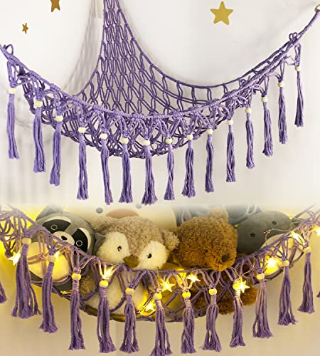 Stuffed Animal Hammock Corner with LED Light - Toy Storage Hammock Plushie Net Organizer - Teddy Bear Stuffy Hammock - Purple Nursery Decor Baby Kids Bedroom Nursery Furniture