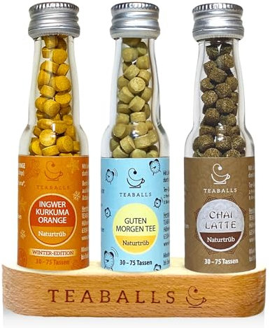 TEABALLS BIO – 3ER SET FEEL GOOD – Ingwer Kurkuma Orange, Guten Morgen Tee, Chai Latte – ca. 120 Tassen – Bio-Tee ohne Beutel, nur mit heißem Wasser, zuckerfrei – Geschenk für Wohlbefinden