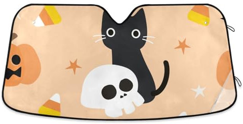 ZRWLUCKY Windschutzscheiben-Sonnenschutz, Motiv: niedliche schwarze Katze, Happy Halloween, Kürbis, Auto-Innenzubehör, faltbare Sonnenblende, UV-Schutz, für Auto, Van, SUV, Jeep, 139,7 x 70,1 cm