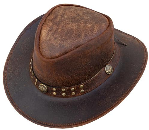 Leather Cowboy Hat for Men Women Western Australian Outback Hat with Shapeable Wide Brim, Aussie Style Leather Hat Brown