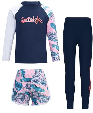 FEESHOW Jungen Mädchen UV Schutz Badeanzug Langarm Rash Guard Set Schwimmbekleidung Marineblau&Rosa_A 134-140