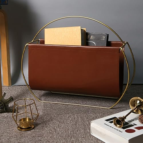 Zeitschriftenhalter aus Leder für moderne Schreibtischaufbewahrung, Wohnzimmer, Zeitungsbuch, Präsentationsständer mit Metallrahmen, freistehender Organizer-Korb