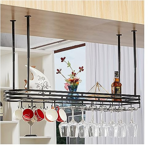 Industrieller hängender Weinflaschenhalter, an der Wand montiertes Weinregal aus Eisen, höhenverstellbar, an der Decke montiertes Weinregal aus Metall und Eisen, Weinregal mit Glashalter und