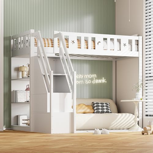 Ctastay Kinderbett Holzbett 90x200 cm, Bett Hochbett mit Stauraum Staufach & Regal, Familienbett Jugendbett mit Treppe & Rausfallschutz, Weiß (Ohne Matratze)