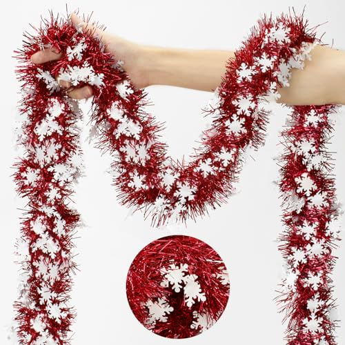 KINGLAKE Red Christmas Tinsel Garland, 10M x 9CM Thick Metallic Tinsel for Christmas Tree Decorations, Party, Home
