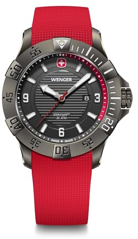 Wenger Reloj de Pulsera de Hombre Seaforce, Ø 43 mm, Swiss Made, Cuarzo analógico, Sumergible hasta 200 m, Pulsera de Silicona, Negro/Rojo