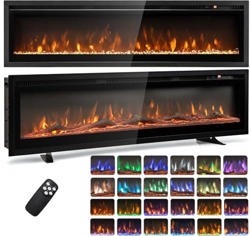 COSTWAY 40/50 Electric Fireplace, Wall Mounted/Recessed/Freestanding Fire Heater with 12 Flame & 12 Ember Bed Colors, 5 Brightness, Remote Control, 8H Timer, Thermostat, 750W/1500W (127cm/50”)