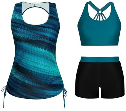 JASAMBAC Tankini 3 pièces pour femme, haut de bikini push-up et short de bain taille haute, maillot de bain simple, maillot de bain de sport pour femme, maillot de bain pour piscine, plage