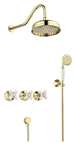 SWHC Duschsystem Gold, Retro Unterputz Duscharmatur Set 2 Funktionen Duscharmatur Komplettset Wandmontage Dusche Regendusche Set Messing Duschgarnitur mit Regendusche, Handbrause