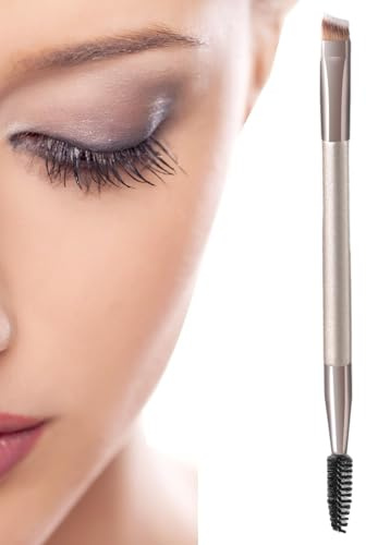 Brosse à sourcils coudée pour femme – Kit de coiffage pour cils et sourcils, pinceau eyeliner à double extrémité, couleur champagne, manche en bois, tube en aluminium, poils en nylon, brosse à