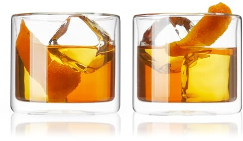 Viski Double Walled Old Fashioned Glasses - Insulated Borosilicate Glass Tumblers - Glass Cups for Bourbon, Whiskey, Scotch, Brandy, and Cocktails - 7 oz, Set of 2