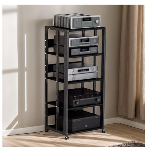 5 Tier HiFi Rack Stereo Cabinet with Record Storage/Turntable Shelf AV Media Stand and Audio Component Storage Unit for Home Office Club Theater Living Room TV Gaming Console Receiver Rack