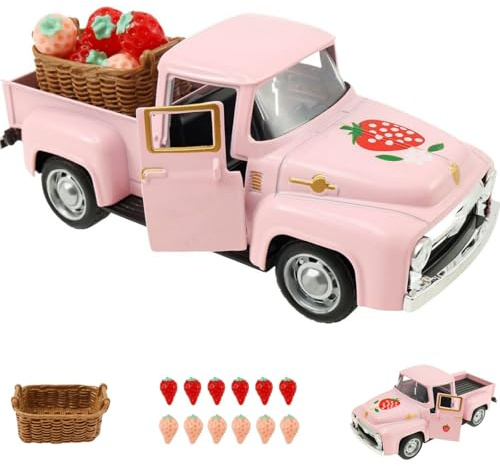 Strawberry Cake Shortcake Decorations Vintage Metal Truck Decor with Mini Fake Strawberries Farmhouse Table Spring Decor for Tiered Tray, Pink Dolls House Accessories(with wooden crate)