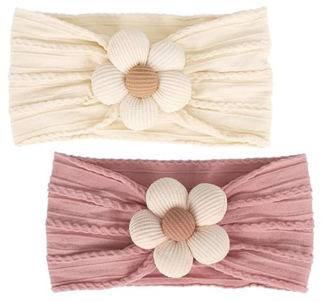 ZILZUFA 2 Stück Stirnband Baby Mädchen Blumen Stirnbänder, Dehnbare Nylon Stirnbänder, Weiche Haarbänder Stirnband Kinder, Stirnband Mädchen Baby Turban Stirnband (Beige/Rosa)