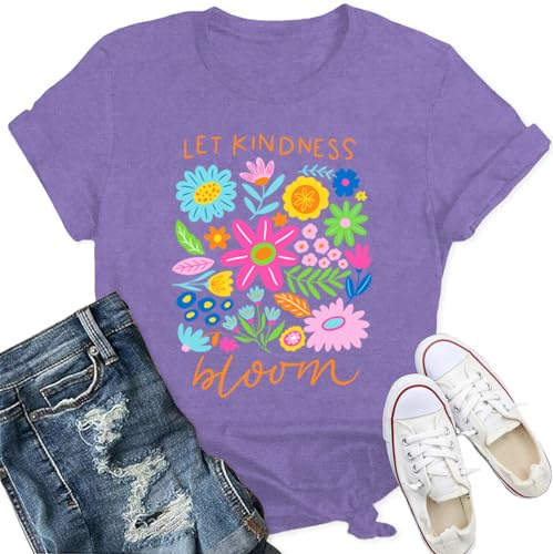 Qskall Women's T-Shirts with Flora Be Kind Shirt Kindness Tee Inspirational Gifts Top Purple