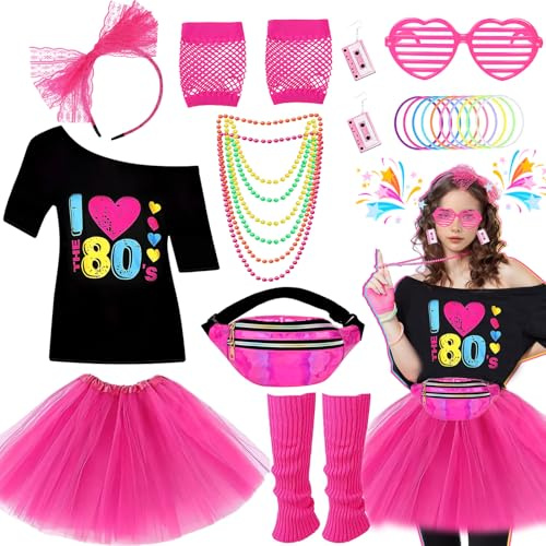 80er Jahre Kostüm Zubehör für Damen, einschließlich T-Shirt Tutu Rock Bauchtasche Beinstulpen Handschuhe Brille Stirnband Ohrringe Halskette Armbänder 1980er Jahre Kostüm Outfits für Damen Mädchen
