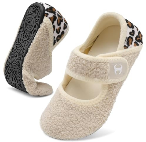 JOINFREE Unisex Slippers Women Men Adjustable Width Fit House Shoes Soft Indoor Shoe Barefoot Slipper BeigeLeopard 6.5 UK