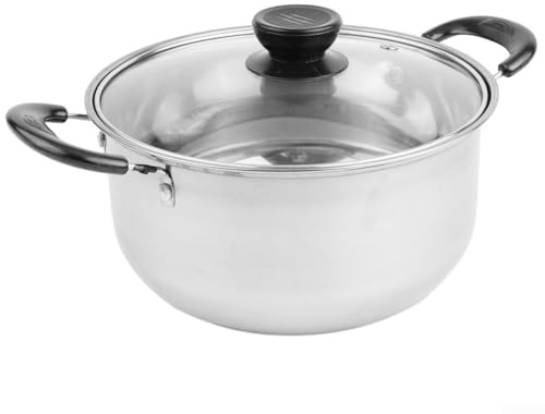 Eawfgtuw Stainless Steel Cookware Soup Pot with Glass Lid for Cooking Milk Stew Noodles, Ergonomic Handle, Heat Resistant Kitchen Stockpot, 18.5cm Diameter(Two handle)