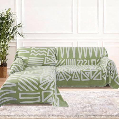 BellaHills Sofa Überzug 2 Sitzer Ecksofa I Form Wasserdicht Sofaüberwurf Geometrische Muster Sofabezug Waschbar Chenille Sofaschoner Schutzdecke Couch Überzug Grün