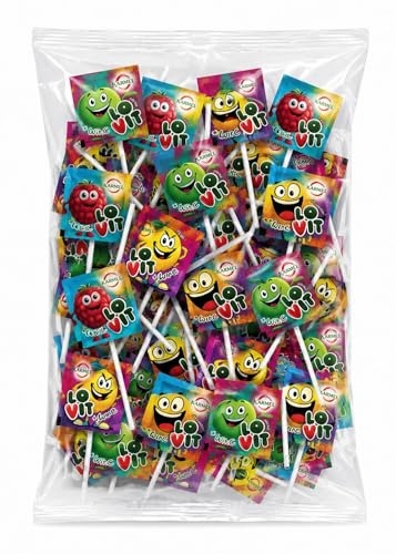100 sucettes aux fruits à la vitamine C (7 g) – 4 saveurs : pomme, citron, framboise, orange. Emballées individuellement, idéales pour fêtes et candy bars.