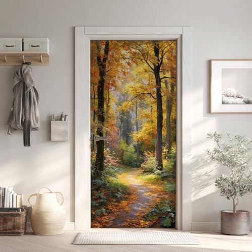 Herbst Natur Wald Türtapete Türposter Türfolie Selbstklebend PVC, Weg Türaufkleber Abnehmbar Wasserdicht, Gefallene Blätter Fototapete für Tür Wohnzimmer 90x200 cm