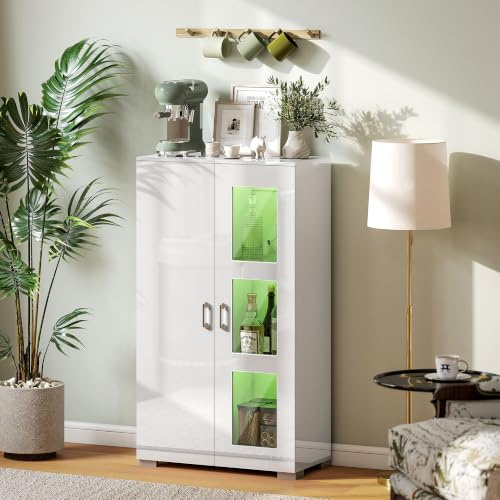 HOMCOM High Gloss Sideboard, RGB LED Lights, Modern Display Cabinet, White | Storage Cupboard, 16-Colour, Remote, Glass Doors and Shelves, Kitchen Living Room Dining Room