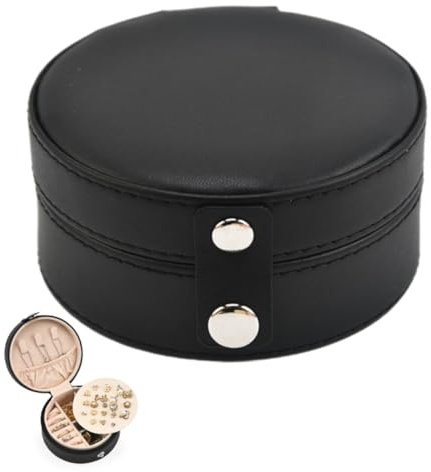 NUOBESTY Estuche de Joyería de Viaje Redondo Grande de Cuero Negro | Organizador Portátil Compacto, Gran Capacidad, Protege Piezas, Firme y Redondo, para Casa y Desplazamientos