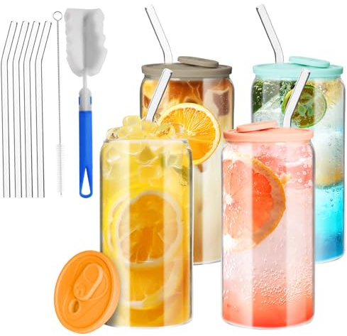 HAOYULUO 4et Glas mit Deckel und Strohhalm, 500 ml Trinkgläser mit deckel, Farbige Silikondeckel,Dosenförmige Glasbecher, Geeignet für Eiskaffeetassen, Limonaden, Smoothies, Bier, Cocktails
