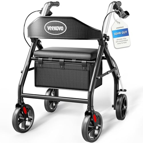 Déambulateur pliable et léger avec siège,Roues en caoutchouc grandes de 20cm pour tout le terrain,Walker roulant léger réglable en hauteur.avec Sac à Provisions,max 260kg.(ES1)