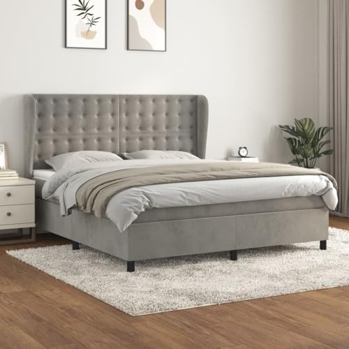 Frdhee Bett Seniorenbett Bettrahmen,Boxspringbett mit Matratze Hellgrau 180x200 cm Samt,Bett Für Erwachsene Jugendliche,Modern,Einfacher Aufbau,Schnelle Installation
