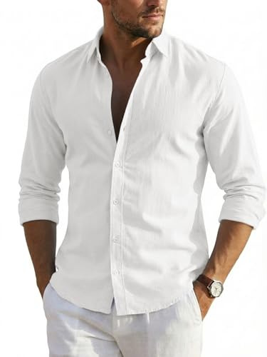 Runcati Camicia da Uomo a Maniche Lunghe, Estiva in Lino, da Uomo, vestibilità Normale, per Il Tempo Libero, Tinta Unita, da Spiaggia, da Lavoro, Casual, con Bottoni,Bianco,L