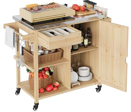 Garvee Chariot de Barbecue supplémentaireérieur Professionnel – Plan de Travail INOX, Armoire de Rangement, tiroir, étagères Ouvertes, Porte-épices, roulettes – Îlot Mobile et Table d’appoint pour