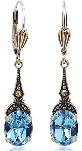Jugendstil Ohrringe Gold Markenkristalle Aquamarin Blau NOBEL SCHMUCK