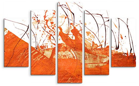 5 teiliges Wandbild auf Leinwand (Gesamt: H: 100cm B: 160cm) Keilrahmenbild Canvas Fotodruck Leinwandbild Leinwanddruck Kunstdruck Wandbild rot orange weiß Farbstriche