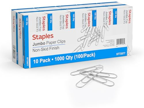 Staples Jumbo Paper Clips, Silver, Non‑Skid, 1,000 Pack – Heavy‑Duty Clips for Thick Documents & Office Filing