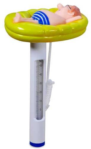 Schwimmendes Poolthermometer Mann auf Luftmatratze | Anzeige in °C & °F, Stabiler Schwimmkörper, Mit Befestigungsschnur, Für Pool Whirlpool & Spa