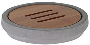 axentia Seifenschale-Seifenhalter aus Beton-Seifenablage-Holz Badzubehör für Waschbecken und Dusche-Ablage für Seife, Bambus, Grau/Holzfarben, 12 x 12 x 2.5 cm
