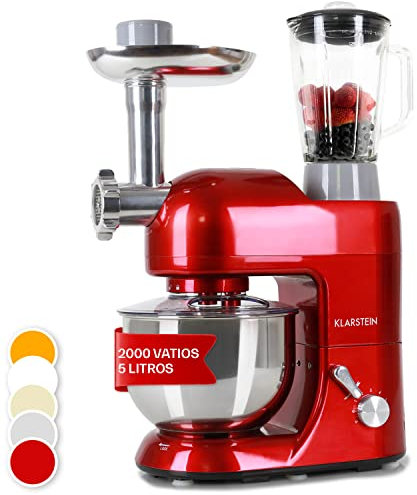 Klarstein Batidora Amasadora con Bol 5L para Hornear, Robot Cocina, Amasadora Reposteria 2000W, Picadora Carne, Gancho y Bol para Mezclar con Varillas Rotación Planetaria con 6 Velocidades