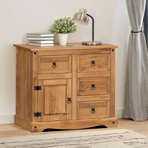 Mercers Furniture Trade Corona 1 Door 4 Drawer Small Sideboard Cabinet Solid Wood Mexican Pine Wooden Hallway Storage Dresser Cupboard Living Dining Room 76cm High. 87cm Wide. 40cm Deep