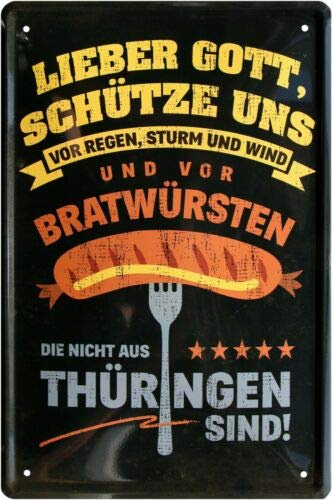 WOGEKA ART Retro Blechschild - Schütze Uns vor Bratwürsten, die Nicht aus Thüringen sind - witziger Spruch Geschenk-Idee Geburtstag Weihnachten Dekoration 20x30 cm Vintage-Design 1147
