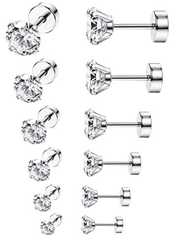 Adramata 6 Paare 18G Edelstahl Ohrstecker Piercing Runder Zirkonia Eingelegt Ohrringe mit Flachem Rücken Barbell Ohrringe für Frauen Männer 3-8mm