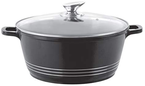 Durane Die-Cast Stockpots with Lid -Aluminium Non Stick Coating Cooking Pots -Tempered Glass Lid with Steam Vent Casserole pan - Stew pots (Black, 28)