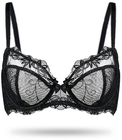 Deyllo Damen Sexy Bügel Spitzen-BH Große Größe Bestickter Ungefütterter Transparenter Bra Nicht Gepolstert für große Brüste