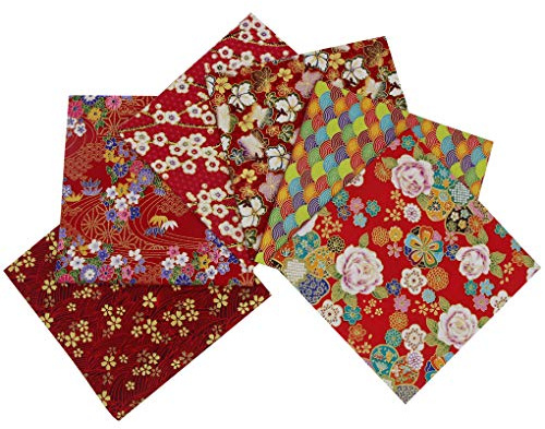 Jukway 6 st bomullstyg, paket i japansk stil, 40 x 40 cm, bronsdesigner blommigt tryckt hantverkstyg lappverk dukar för sömnad quiltning gör-det-själv-dekoration scrapbooking handarbete (Röd)