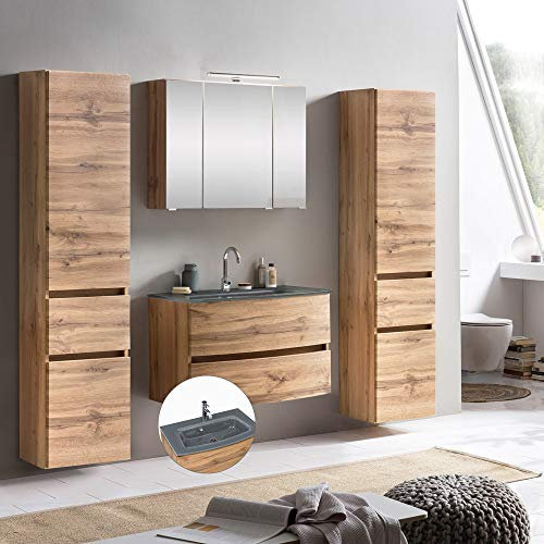 Lomadox Badmöbel Set inkl. Glasbecken grau und Beleuchtung in Wotaneiche Nb., BxHxT: ca. 200x200x49 cm