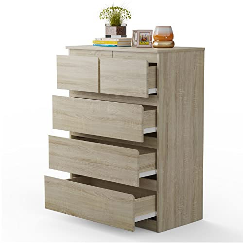 COSTWAY Kommode mit 5 Schubladen, Moderner Mehrzweckschrank mit Metallgleitschienen, Sideboard für Schlafzimmer & Wohnzimmer & Flur, Highboard platzsparend, Schrank Schubladenkommode (Brown)