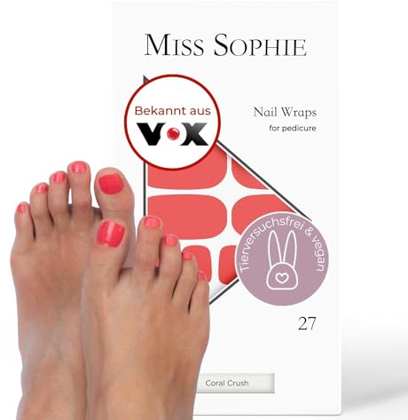 Original Miss Sophie Pedi Wraps I Coral Crush Pedicure - 27 strisce di smalto ultra sottili in tinta unita in corallo per dita dei piedi aderisce a naturali e verniciati, acrilici, gel gommalacca