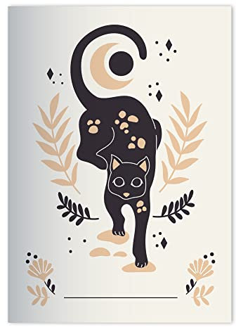 Kartenkaufrausch 8x Trend Designer DIN A4 Schulheft, Rechenhefte mit schwarzer Katze und Eule in Beige Lineatur 20 (blanko)